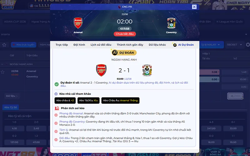 Dự đoán AI Arsenal vs Coventry 02h00 ngày 22/8/2026