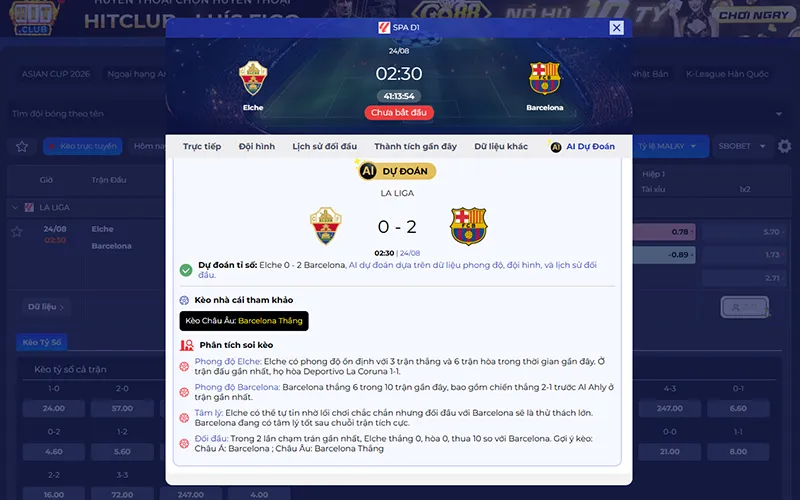 Dự đoán AI Elche vs Barcelona 02h30 ngày 24/8/2026