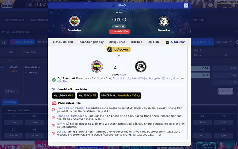 Dự đoán AI Fenerbahce vs Sturm Graz 01h00 ngày 06/8/2026