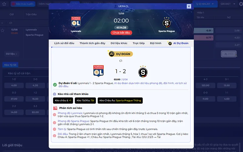 Dự đoán AI Lyon vs Sparta Praha 02h00 ngày 12/8/2026